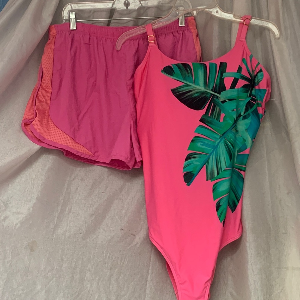 La Vie En Rose Hot Pink One-Piece with Green Tropical Leaf Print